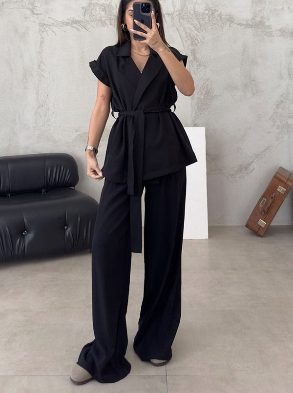 Conjunto de chaleco con cinturón para mujer y pantalones de pierna ancha