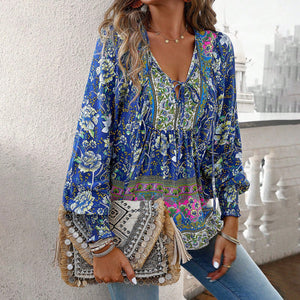 Stylish Floral Tie-Front Blouse Lightweight Breathable Women’s Long Sleeve Top