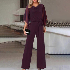 Women's Elegant Draped Neck Jumpsuit with Chiffon Cape Sleeves