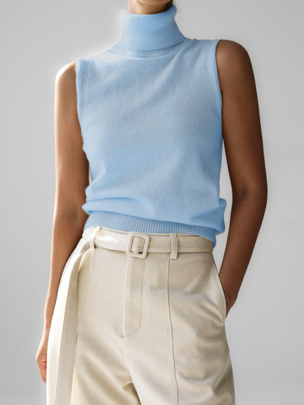 Women's Sleeveless Turtleneck Knit Top with Slim-Fit