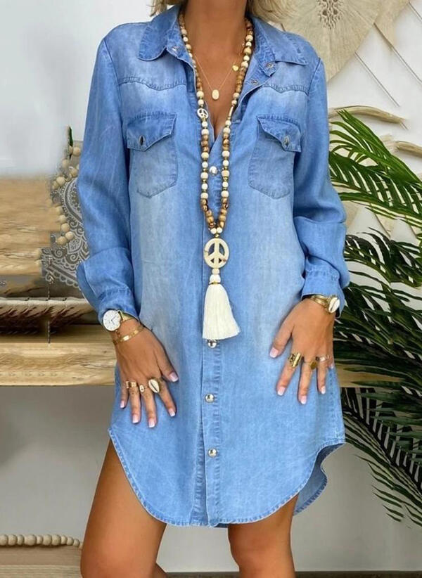 Women's Oversized Denim Shirt Dress with Long Sleeves