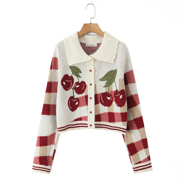 Women's Cherry Print Button-Front Cropped Cardigan
