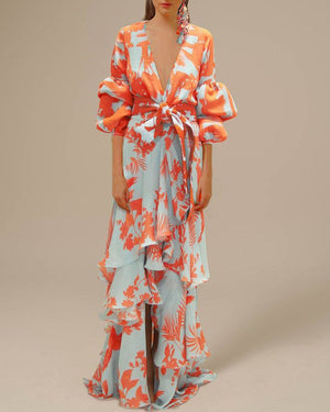 Women's Floral Wrap Maxi Dress with Ruffle Details