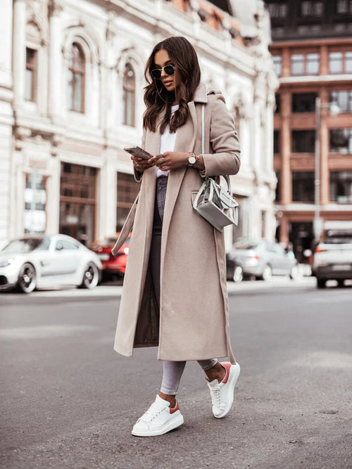 Women's Long Belted Wrap Coat with Lapel Collar