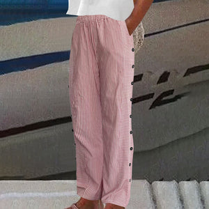 Women's Coastal Stripe Button-Detail Relaxed Pants