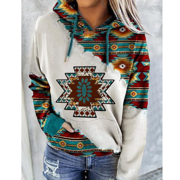 Women’s Aztec Print Hoodie Casual Oversized Pullover