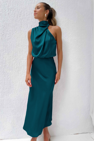 Women's Satin Halter Neck Asymmetric Midi Dress