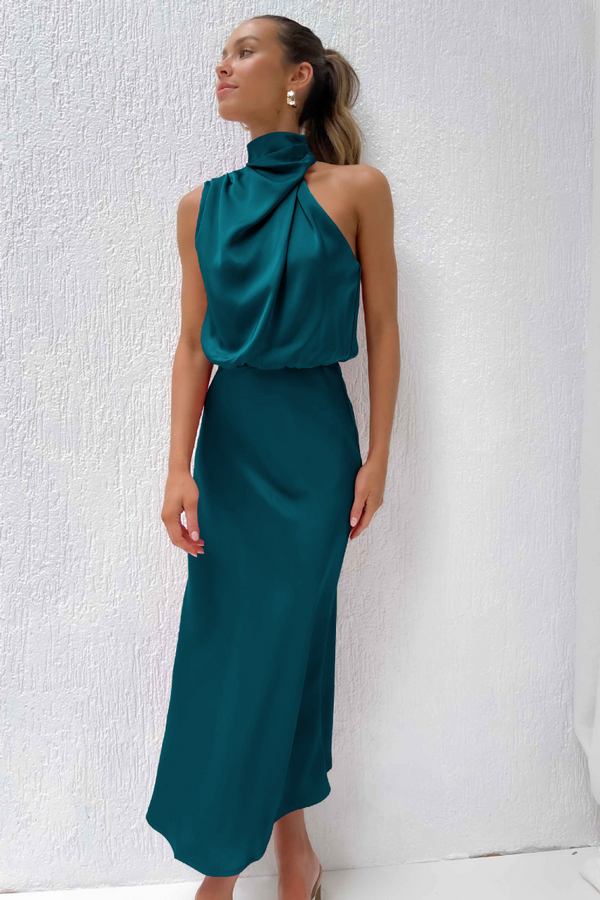 Women's Satin Halter Neck Asymmetric Midi Dress
