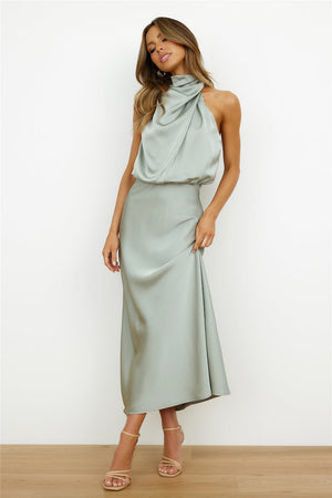 Women's Satin Halter Neck Asymmetric Midi Dress