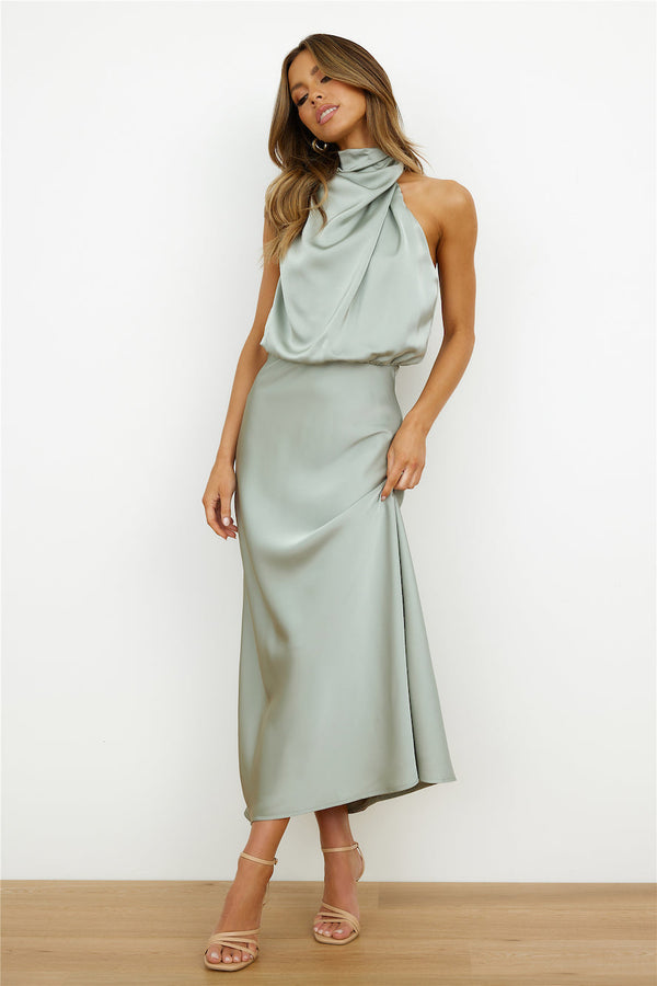 Women's Satin Halter Neck Asymmetric Midi Dress