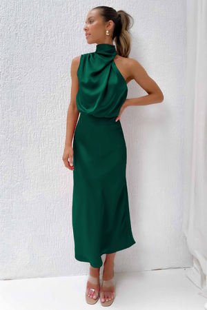 Women's Satin Halter Neck Asymmetric Midi Dress