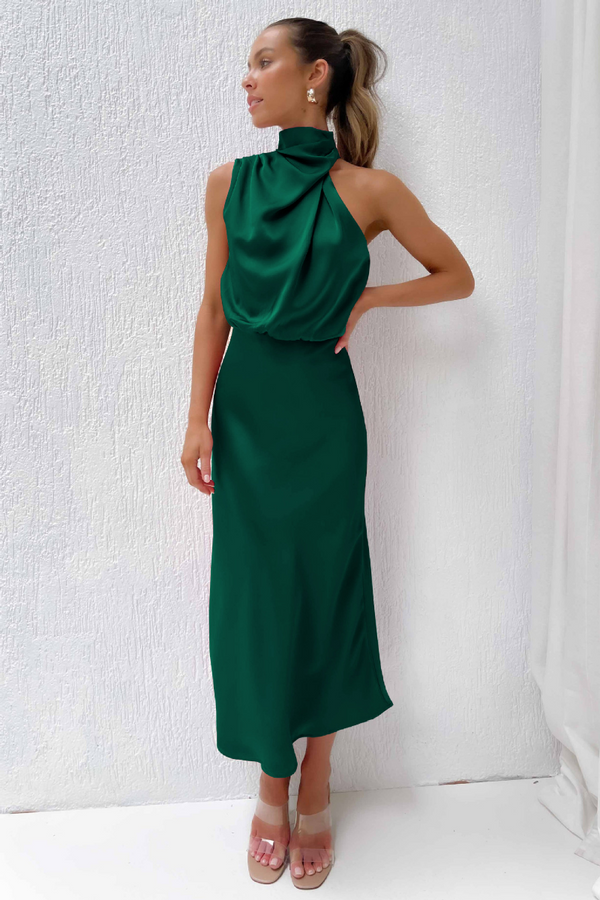 Women's Satin Halter Neck Asymmetric Midi Dress
