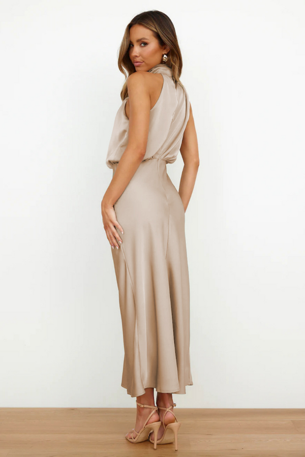 Women's Satin Halter Neck Asymmetric Midi Dress