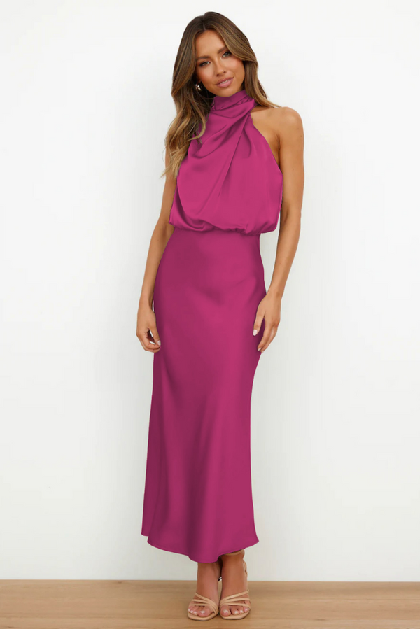 Women's Satin Halter Neck Asymmetric Midi Dress