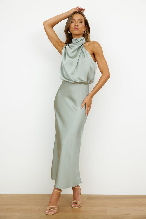 Women's Satin Halter Neck Asymmetric Midi Dress