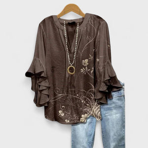 Women’s Floral Ruffle Sleeve V-Neck Blouse