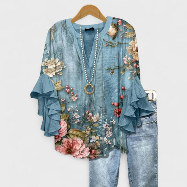 Women’s Floral Ruffle Sleeve V-Neck Blouse