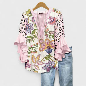 Blusa bohemia floral de mujer con mangas con volantes en capas