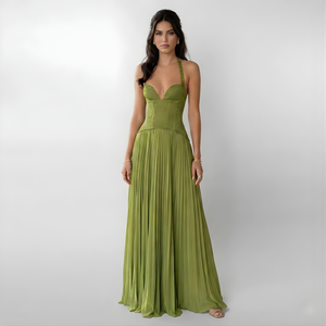 Women’s Elegant Pleated Flow Halter Neck Maxi Dress