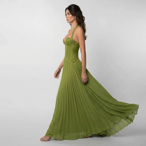 Women’s Elegant Pleated Flow Halter Neck Maxi Dress