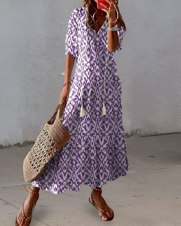 Women's Bohemian Printed Maxi Dress with Flowing Silhouette