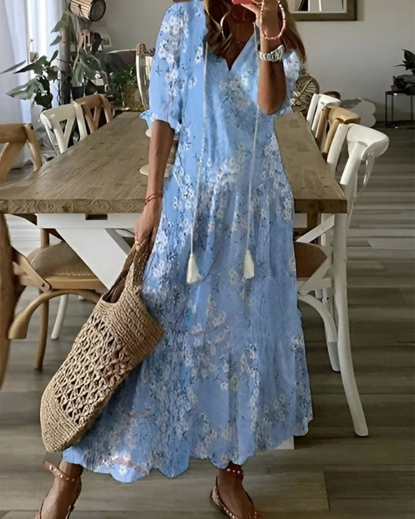 Women's Bohemian Printed Maxi Dress with Flowing Silhouette