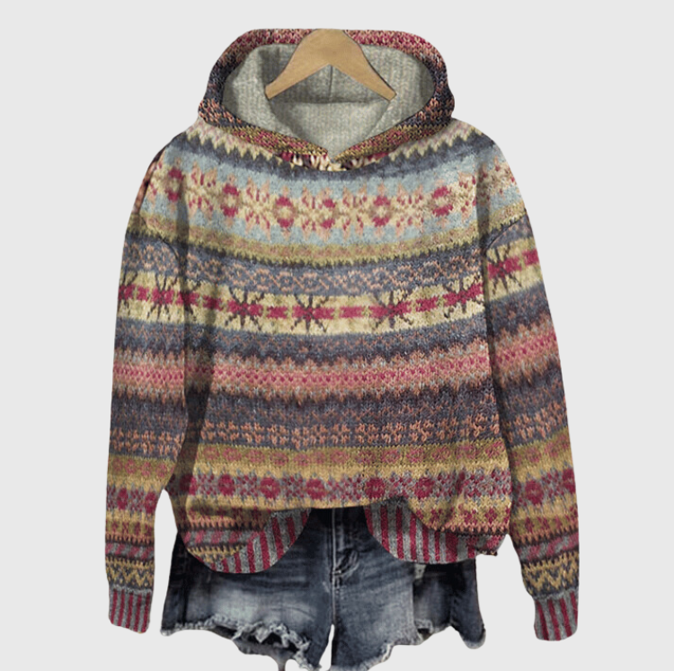 Women’s Vintage Fair Isle Hooded Sweater Cozy Nordic Pullover