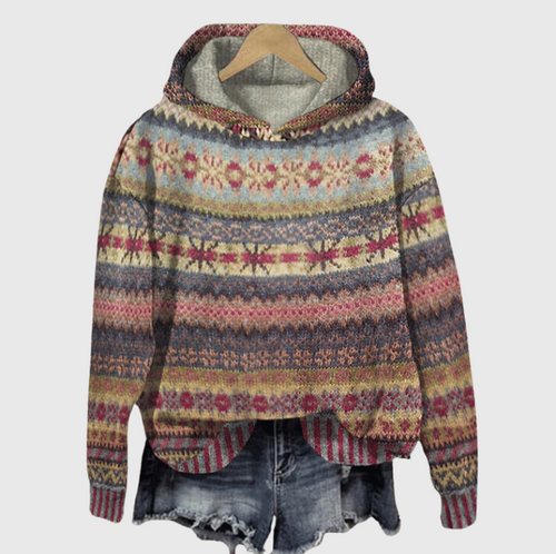 Women’s Vintage Fair Isle Hooded Sweater Cozy Nordic Pullover