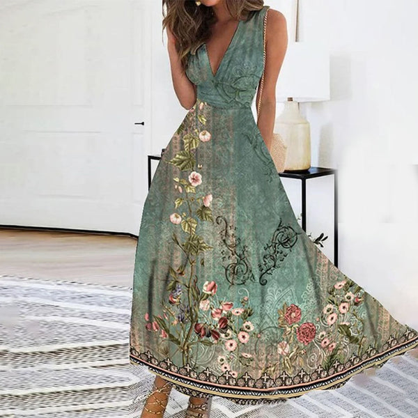 Women’s Floral Wrap Maxi Dress with Sleeveless V-Neck Design