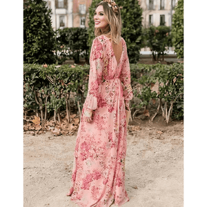 Vestido largo de mujer con estampado floral rosa y cintura ajustable