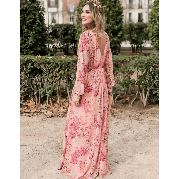 Vestido largo de mujer con estampado floral rosa y cintura ajustable