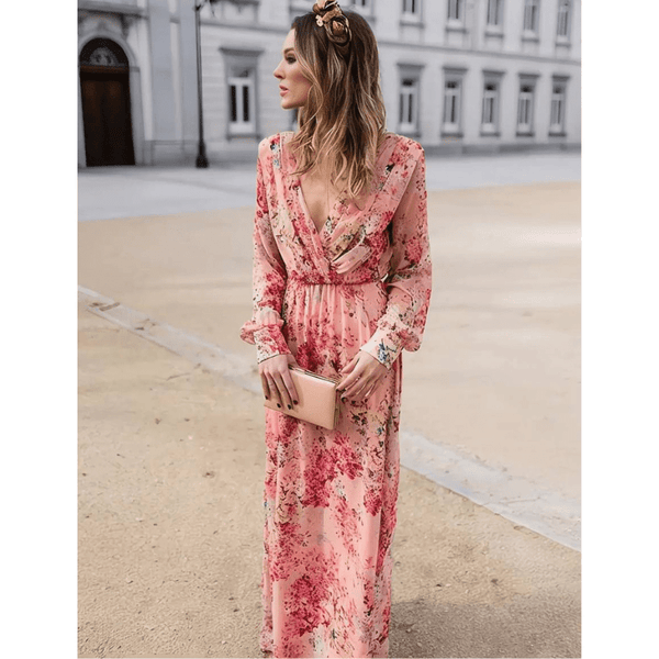 Vestido largo de mujer con estampado floral rosa y cintura ajustable