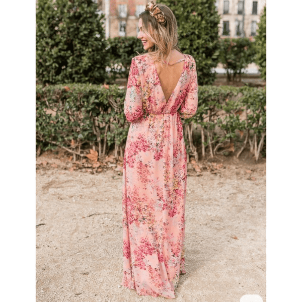 Vestido largo de mujer con estampado floral rosa y cintura ajustable