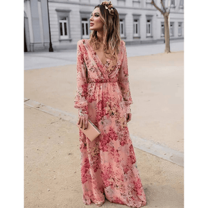 Vestido largo de mujer con estampado floral rosa y cintura ajustable