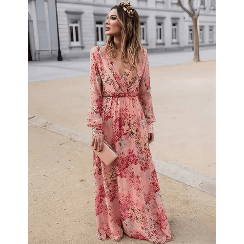 Vestido largo de mujer con estampado floral rosa y cintura ajustable