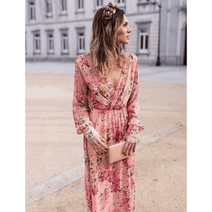 Vestido largo de mujer con estampado floral rosa y cintura ajustable