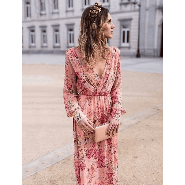 Vestido largo de mujer con estampado floral rosa y cintura ajustable