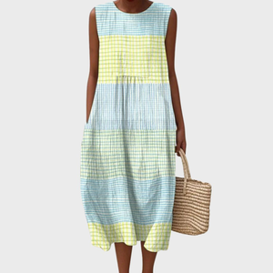 Women's Sleeveless Patchwork Midi Dress with Pockets