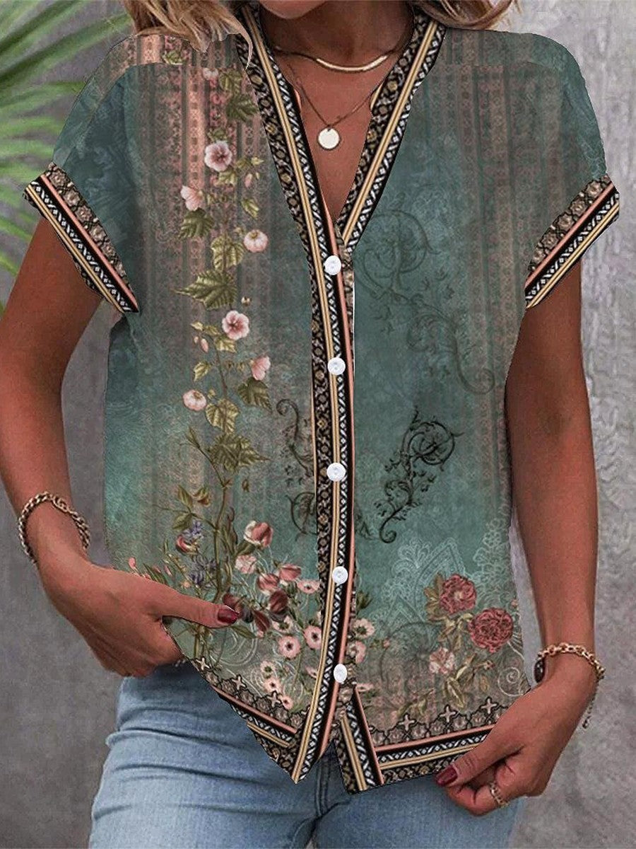 Women's Vintage Floral Print Button-Front Blouse with Decorative Trim Detail