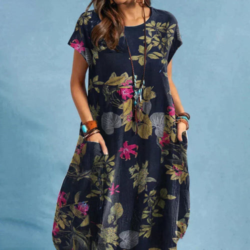 Vestido midi de verano para mujer con estampado floral y bolsillos