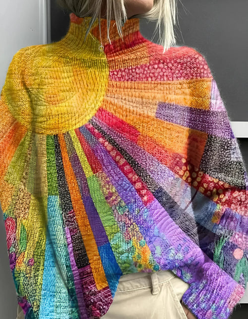 Women’s Colorful Patchwork Turtleneck Sweater Oversized Pullover