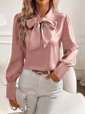 Blusa elegante con lazo y manga larga para mujer