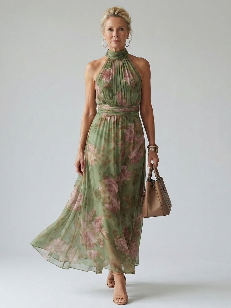 Women’s Floral Halter Maxi Dress with Waist Tie