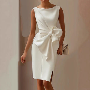 Women's Boat Neck Bodycon Midi Dress with Bow Knot Detail