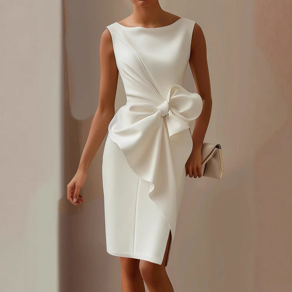 Women's Boat Neck Bodycon Midi Dress with Bow Knot Detail
