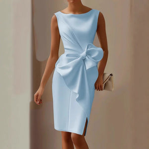 Women's Boat Neck Bodycon Midi Dress with Bow Knot Detail