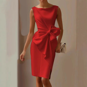 Women's Boat Neck Bodycon Midi Dress with Bow Knot Detail