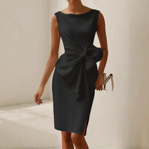 Women's Boat Neck Bodycon Midi Dress with Bow Knot Detail
