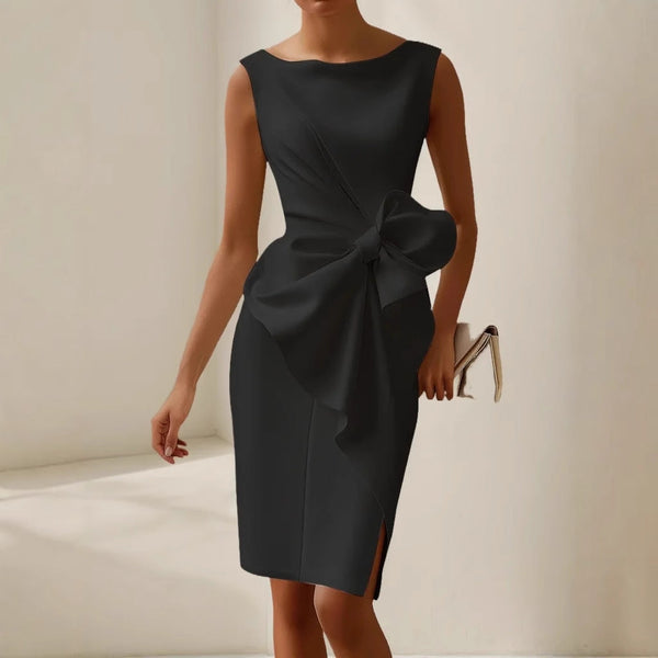 Women's Boat Neck Bodycon Midi Dress with Bow Knot Detail
