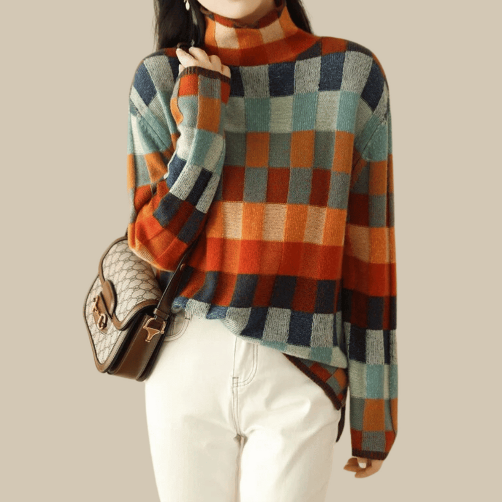 Women's Retro Check Color Block Crew Neck Sweater